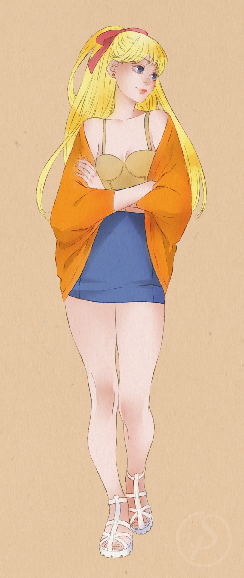 1girl, aino_minako, bare_legs, bare_shoulders, bishoujo_senshi_sailor_moon, blonde_hair, blue_eyes, blue_skirt, brown_background, casual, crossed_arms, eeriah, hair_ribbon, half_updo, highres, legs, long_hair, looking_to_the_side, nail_polish, orange_nails, red_ribbon, ribbon, sandals, shoes, simple_background, skirt, solo, very_long_hair, walking, white_shoes