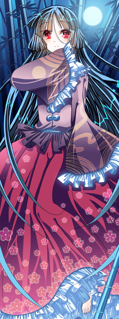 1girl, bamboo, bamboo_forest, black_hair, forest, full_moon, houraisan_kaguya, japanese_clothes, kimono, long_hair, long_skirt, moon, nature, red_eyes, sakayaki_(burning_soul), skirt, solo, touhou