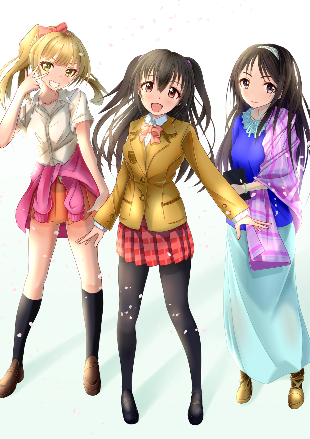 3girls, akagi_miria, black_hair, black_legwear, blazer, blonde_hair, brown_eyes, clothes_around_waist, cosplay, full_body, green_eyes, hairband, highres, idolmaster, idolmaster_cinderella_girls, jacket, jougasaki_mika, jougasaki_mika_(cosplay), jougasaki_rika, long_hair, long_skirt, multiple_girls, older, pantyhose, sagisawa_fumika, sagisawa_fumika_(cosplay), school_uniform, shawl, shimamura_uzuki, shimamura_uzuki_(cosplay), skirt, smile, sweater_around_waist, tachibana_arisu, two_side_up, zakuro0508