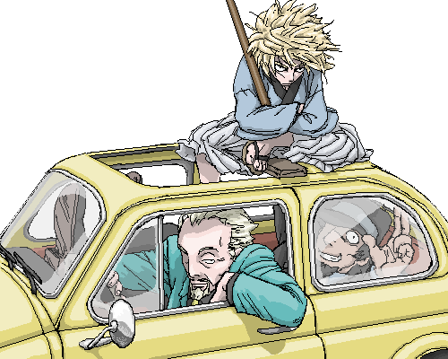 bjorn, car, fiat, fiat_500, hat, japanese_clothes, katana, left-hand_drive, lowres, lupin_iii, motor_vehicle, motter, oekaki, parody, sheath, sword, thorfinn, vehicle, vinland_saga, weapon