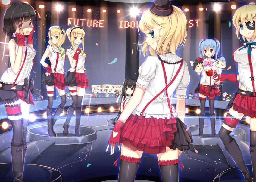 6+girls, akagi_(zhan_jian_shao_nyu), alcohol, bangs, bare_arms, belt, black_boots, black_bow