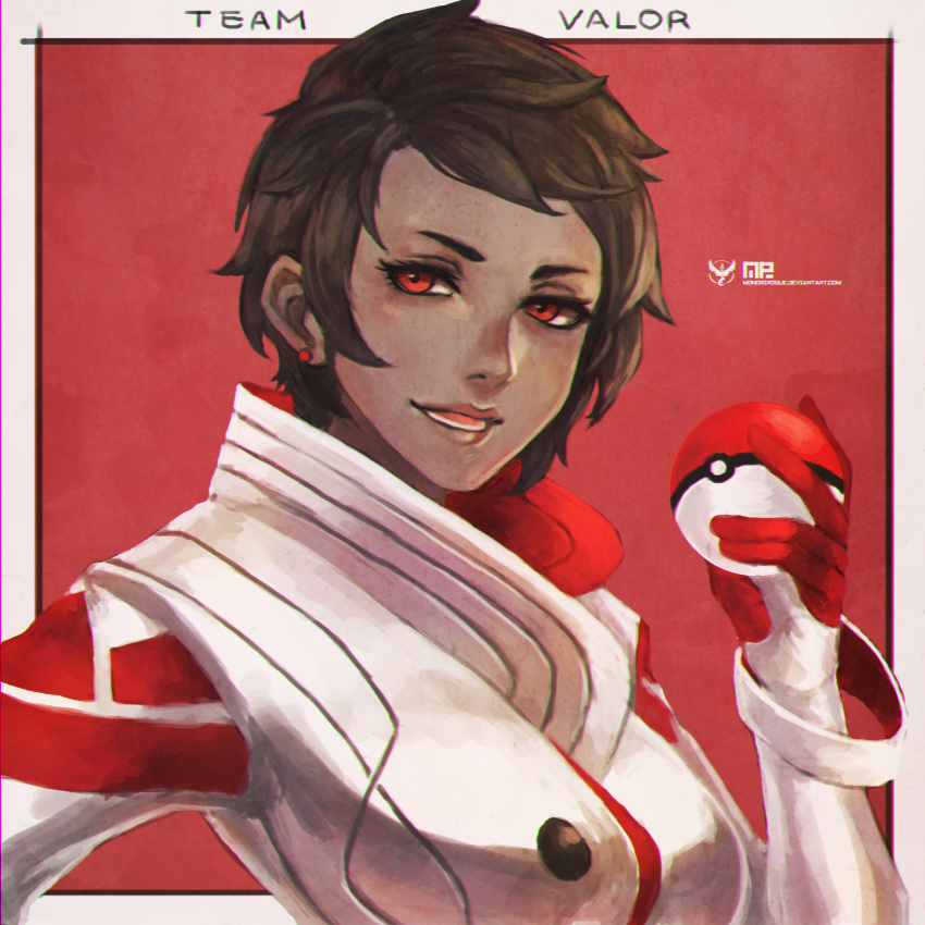 1girl, absurdres, bracelet, brown_hair, brown_lipstick, buttons, candela_(pokemon), coat
