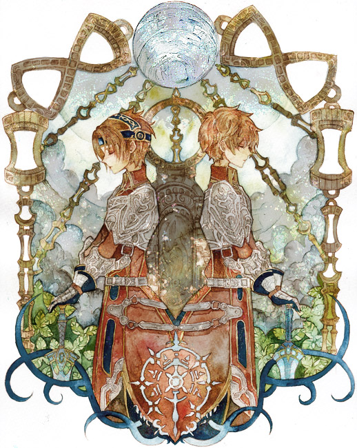 ahoge, armor, belt, brown_hair, capell, chain, closed_eyes, headgear