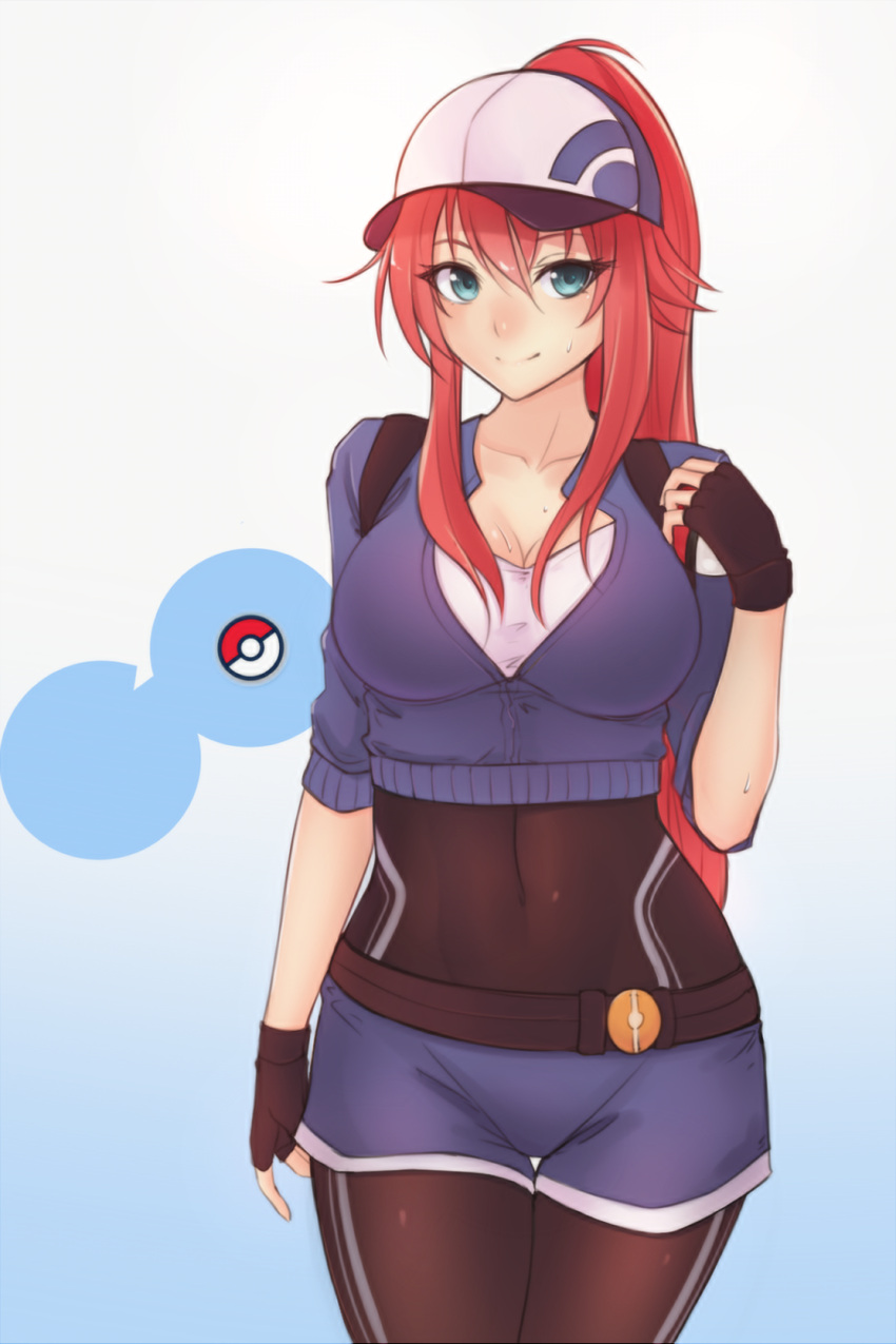 1girl, alternate_hairstyle, aqua_eyes, backpack, bag, baseball_cap, belt, black_gloves