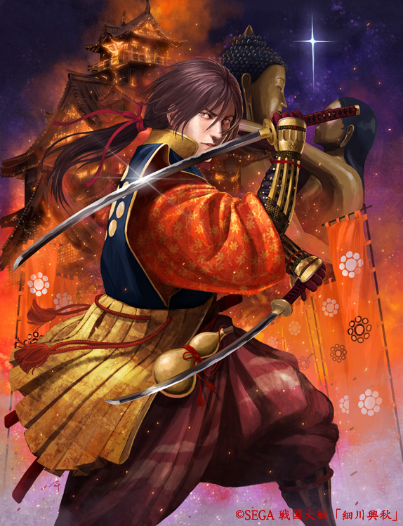 1boy, architecture, brown_hair, east_asian_architecture, fire, gloves, ippei_soeda, japanese_clothes, katana, long_hair, low_ponytail, night, night_sky, orange_eyes, original, sengoku_taisen, sky, solo, star_(sky), statue, sword, watermark, weapon