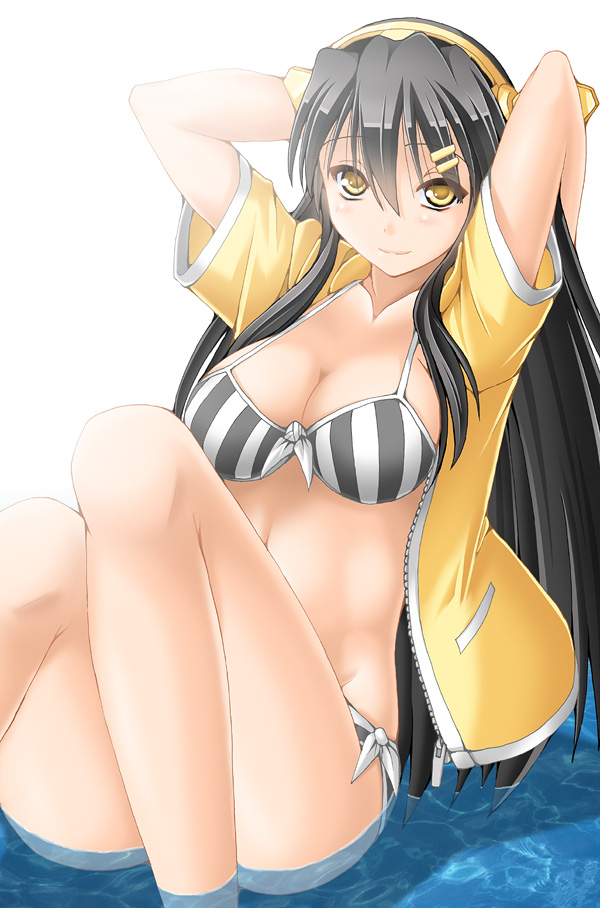 1girl, arms_behind_head, arms_up, bangs, bare_legs, bikini, bikini_under_clothes, black_hair, blush, breasts, cleavage, closed_mouth, collarbone, eyebrows, eyebrows_visible_through_hair, female, front-tie_bikini, front-tie_top, hair_between_eyes, hair_ornament, hairband, hairclip, haruna_(kantai_collection), headgear, jacket, kantai_collection, keito_(keito-ya), knees_up, long_hair, looking_at_viewer, medium_breasts, ocean, open_clothes, open_jacket, partially_submerged, pocket, short_sleeves, side-tie_bikini, sitting, smile, solo, striped, striped_bikini, swimsuit, swimsuit_under_clothes, unzipped, very_long_hair, water, white_background, yellow_eyes, yellow_jacket