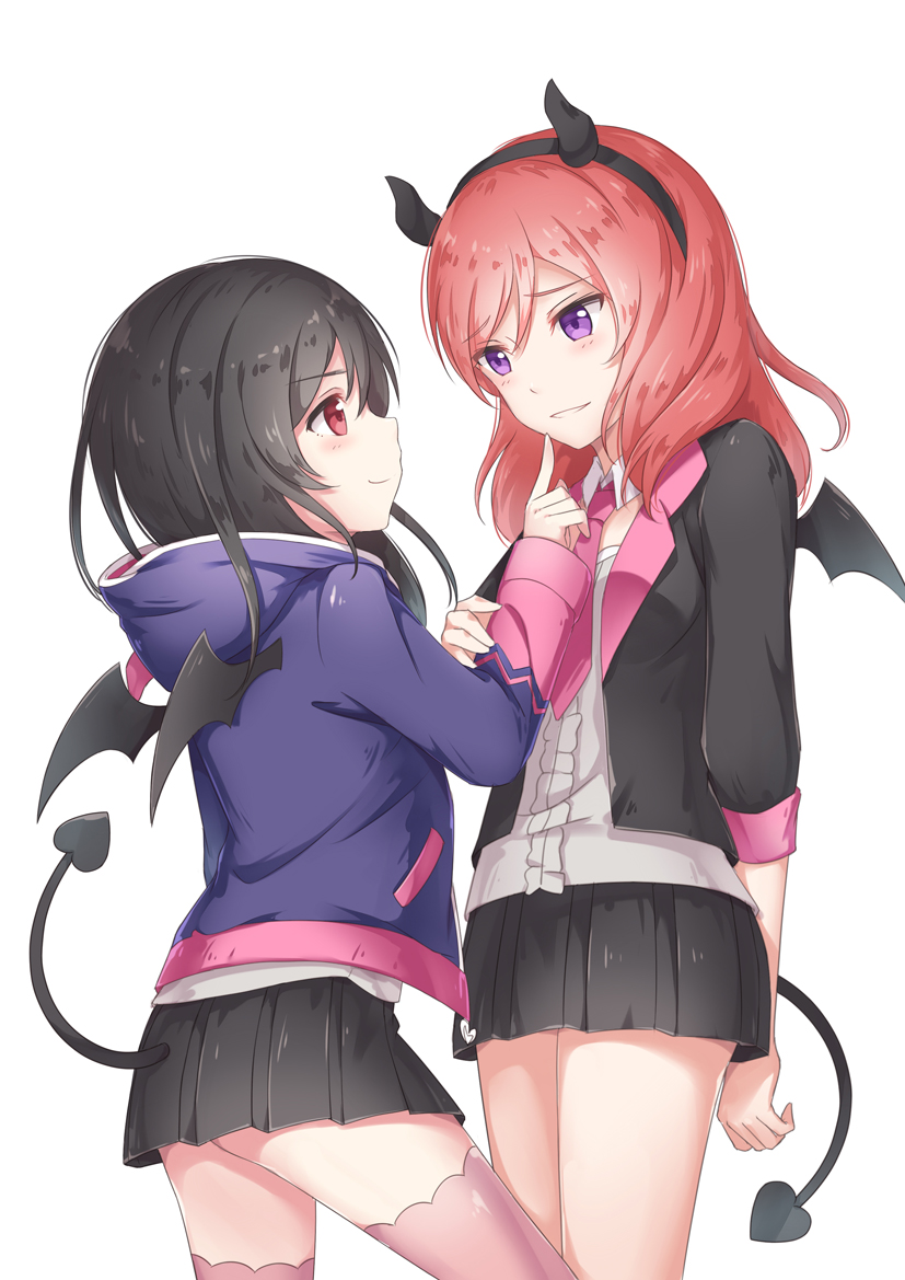 2girls, alternate_hairstyle, arm_at_side, back, bangs, bare_legs, black_hair, black_jacket, black_skirt, blush, bow, breasts, center_frills, closed_mouth, cowboy_shot, demon_horns, demon_tail, demon_wings, eye_contact, eyebrows, eyebrows_visible_through_hair, fake_horns, fake_wings, finger_to_another's_mouth, hair_between_eyes, hair_bow, hair_down, hand_on_another's_arm, heart, hood, hood_down, hooded_jacket, horn, horns, indian_style, jacket, kyomono_(hjxop), legs_apart, legs_together, long_sleeves, looking_at_another, love_live!, love_live!_school_idol_project, miniskirt, multiple_girls, necktie, nishikino_maki, open_clothes, open_jacket, parted_lips, pink_legwear, pink_necktie, pleated_skirt, pocket, profile, purple_jacket, red_eyes, redhead, shirt, simple_background, sitting, skirt, small_breasts, smile, standing, swept_bangs, tail, thigh-highs, violet_eyes, white_background, white_shirt, wings, yazawa_nico, yuri