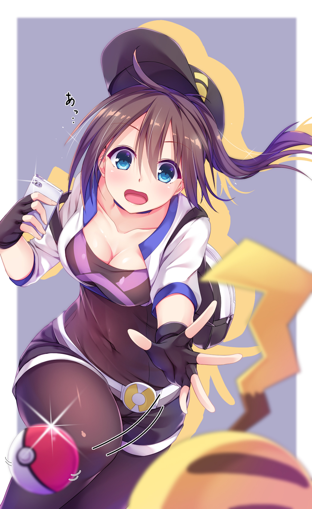 1girl, backpack, bag, bangs, baseball_cap, belt, black_gloves, black_hat
