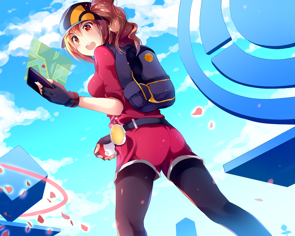 1girl, ass, backpack, bag, baseball_cap, belt, black_legwear, blue_sky, brown_eyes, brown_hair, cherry_blossoms, clouds, female_protagonist_(pokemon_go), fingerless_gloves, gloves, happy, hat, holding, holding_poke_ball, leggings, long_hair, outdoors, poke_ball, poke_ball_theme, pokemon, pokemon_go, pokestop, ponytail, sky, solo, walking, z.nov