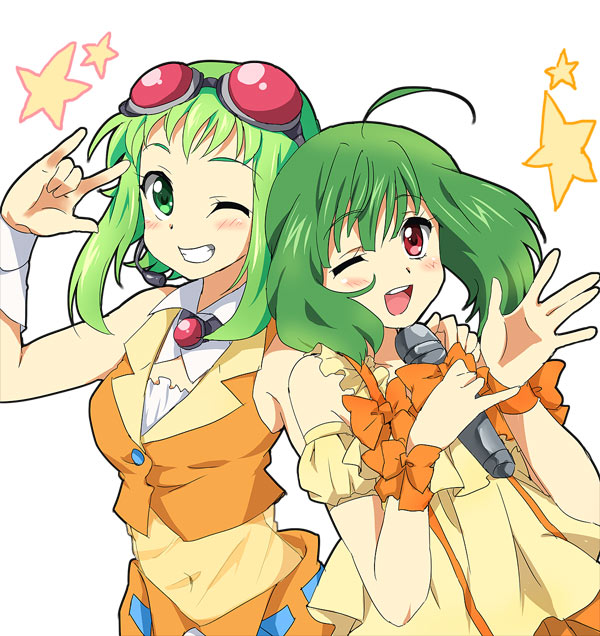 2girls, \m/, ahoge, bad_id, blush, bow, dress, goggles, goggles_on_head, green_eyes, green_hair, gumi, headset, macross, macross_frontier, maruki_(punchiki), microphone, multiple_girls, nakajima_megumi, ranka_lee, red_eyes, seikan_hikou, seiyuu_connection, seiyuu_joke, simple_background, smile, star, vocaloid, white_background, wink