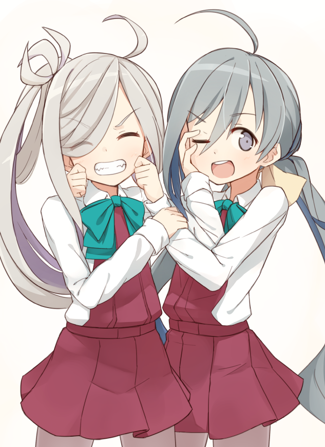 2girls, ahoge, asashimo_(kantai_collection), cheek_pinching, closed_eyes, coupon_(skyth), cowboy_shot, grey_eyes