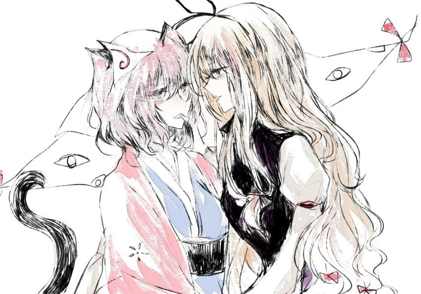 2girls, animal_ears, armband, bangs, blonde_hair, blue_kimono, blush, bow, cat_ears, cat_tail, colored_eyelashes, dress, eyes, finger_to_another's_mouth, floral_print, from_side, gap, gradient_hair, hair_between_eyes, hair_bow, hair_ribbon, hu_su, kemonomimi_mode, long_hair, long_sleeves, looking_at_another, multicolored_hair, multiple_girls, obi, open_mouth, pink_eyes, pink_hair, pink_kimono, platinum_blonde, puffy_long_sleeves, puffy_sleeves, purple_dress, purple_hair, ribbon, saigyouji_yuyuko, sash, short_hair, sidelocks, simple_background, sketch, smile, tail, touhou, triangular_headpiece, upper_body, very_long_hair, violet_eyes, white_background, yakumo_yukari, yuri