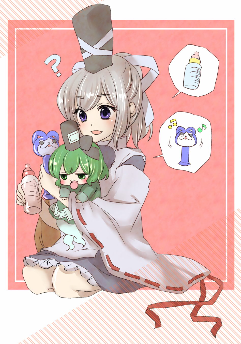 2girls, :d, ?, baby, baby_bottle, blue_eyes, blush, bottle