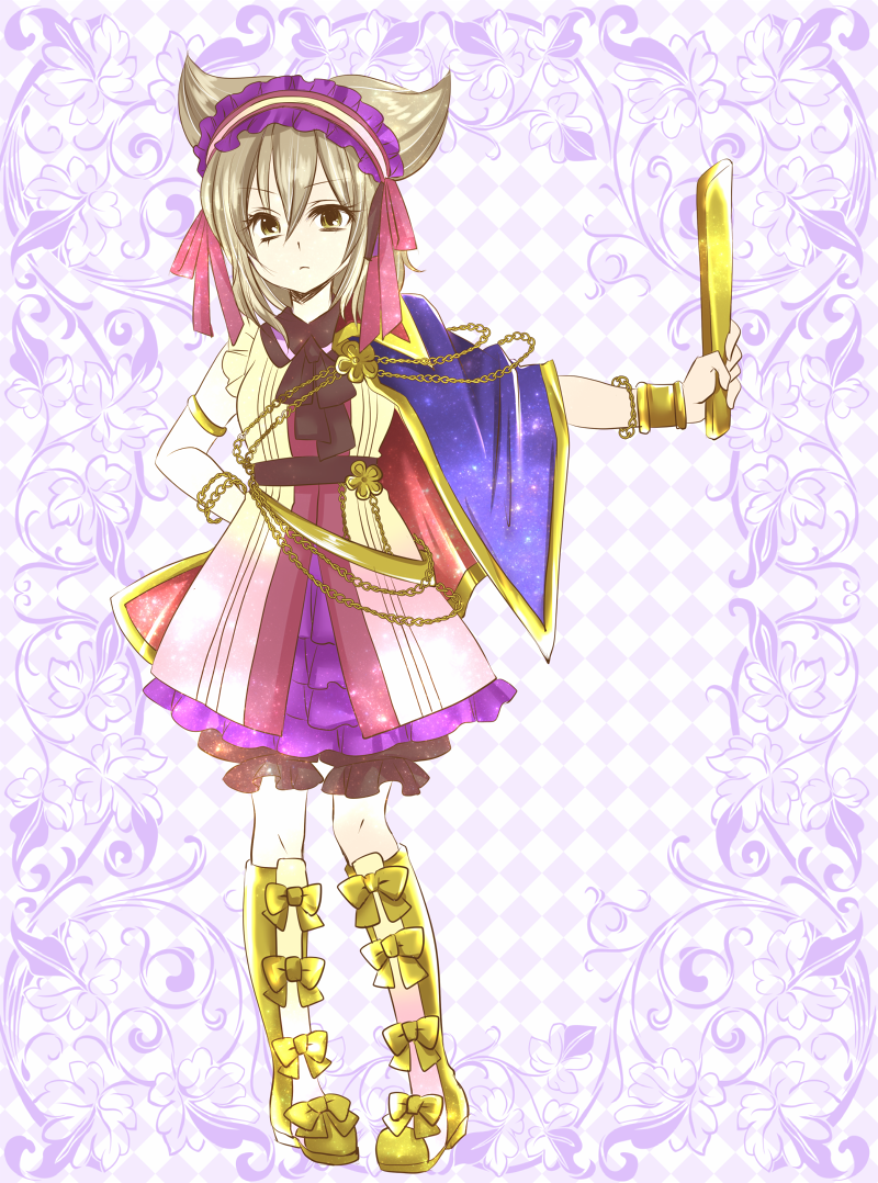 1girl, black_ribbon, blue_cape, boots, bow_legwear, bracelet, cape, commentary_request