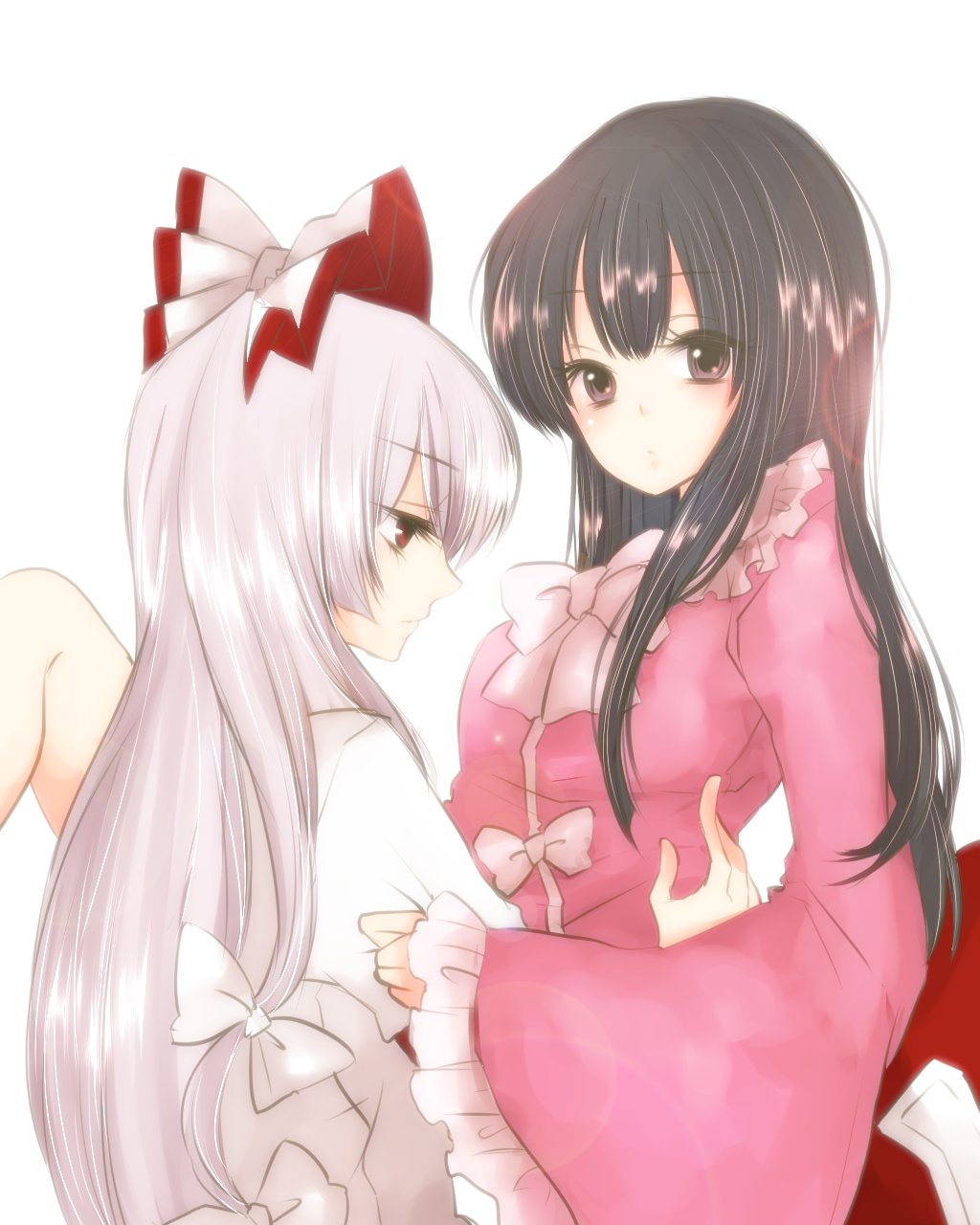 2girls, black_eyes, black_hair, blush, bow, bowtie, commentary_request, from_side