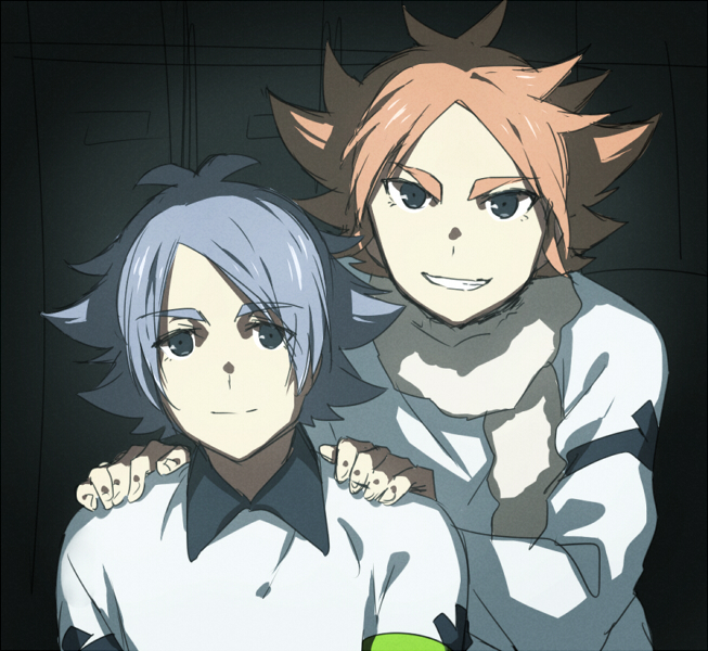 2boys, blue_eyes, blue_hair, brothers, catgirl0926, flipped_hair, fubuki_atsuya, fubuki_shirou, inazuma_eleven_(series), inazuma_eleven_ares, male_focus, multiple_boys, orange_eyes, pink_hair, scarf, short_hair, siblings, smile, soccer_uniform, sportswear
