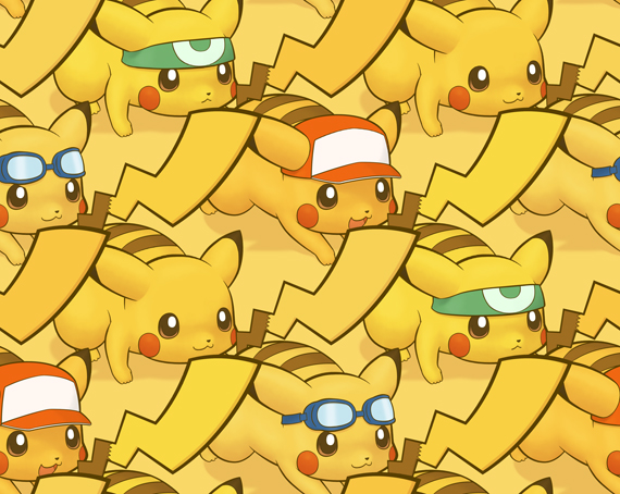:<, alternate_costume, baseball_cap, clothed_pokemon, goggles, hat, headband, male, no_humans, pikachu, pokemon, super_smash_bros., tileable, too_many_pikachu, trucker_hat, tsuji, wallpaper