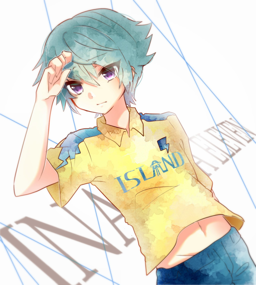 1boy, bibe_masa, blue_hair, highres, hiura_kirina, inazuma_eleven_ares, male_focus, navel, short_hair, soccer_uniform, solo, sportswear, violet_eyes