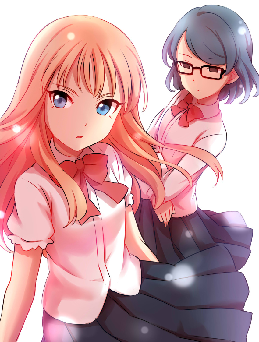 2girls, absurdres, blue_eyes, bow, character_request, empty_eyes, glasses, highres, inazuma_eleven_(series), inazuma_eleven_ares, long_hair, mikado_anna, multiple_girls, parted_lips, pink_hair, school_uniform, sekina, short_hair, skirt