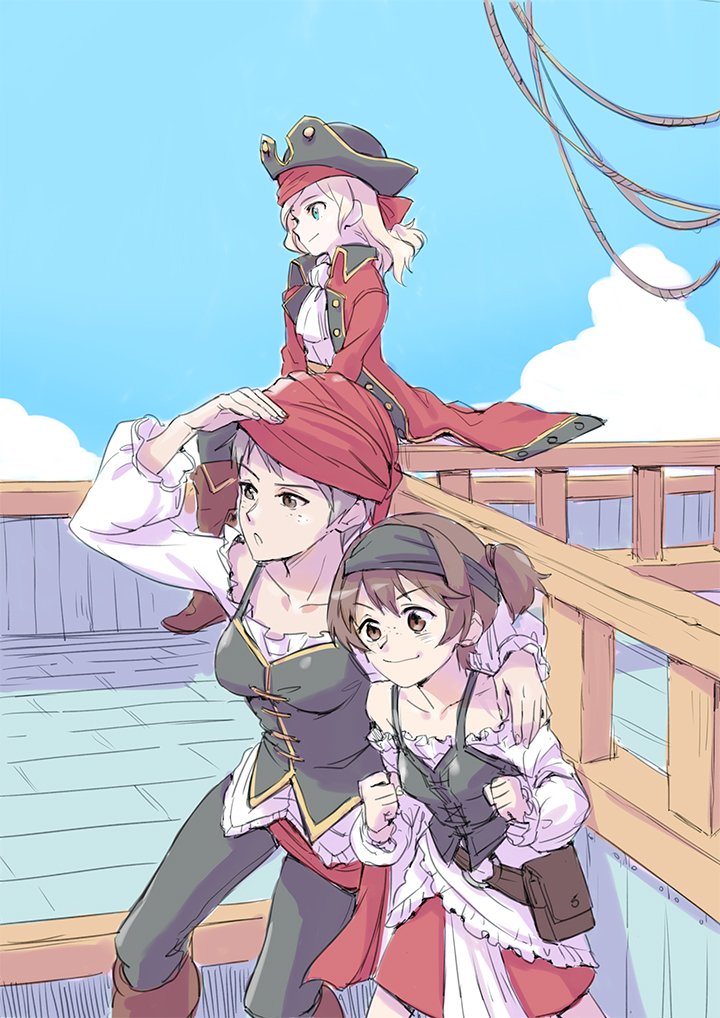 3girls, alisa_(girls_und_panzer), arm_over_shoulder, bandana, blonde_hair, blue_sky, boots, breasts