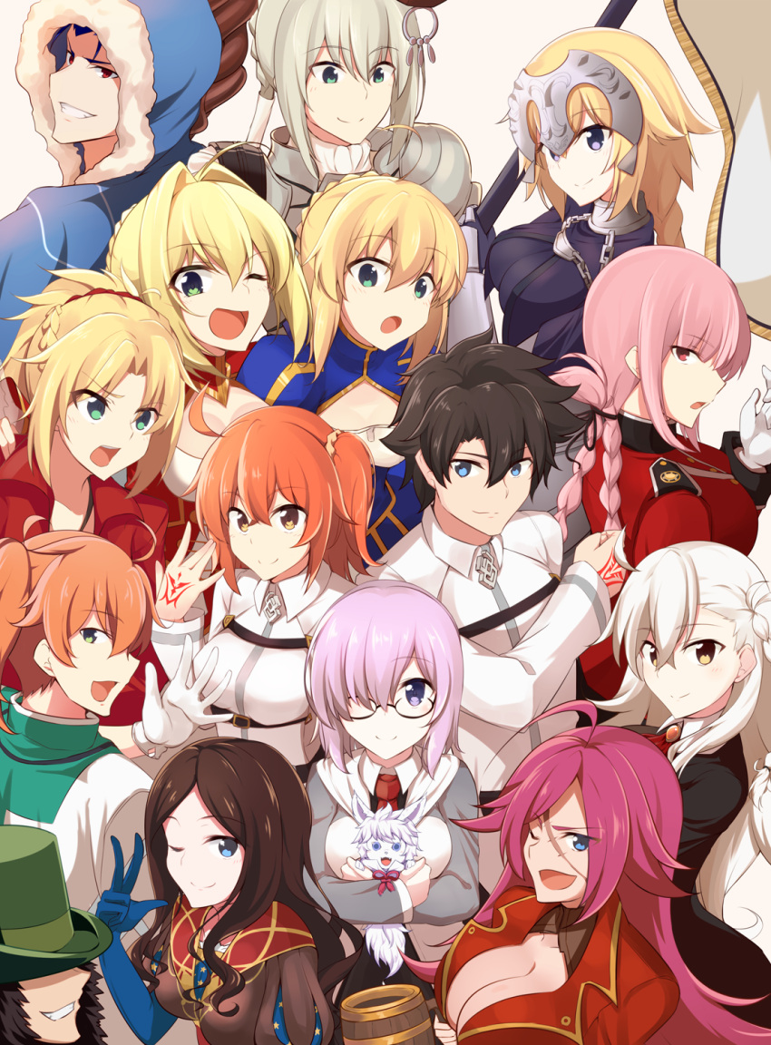 5boys, 6+girls, ahoge, anniversary, bedivere, beer_mug, command_spell, commentary_request