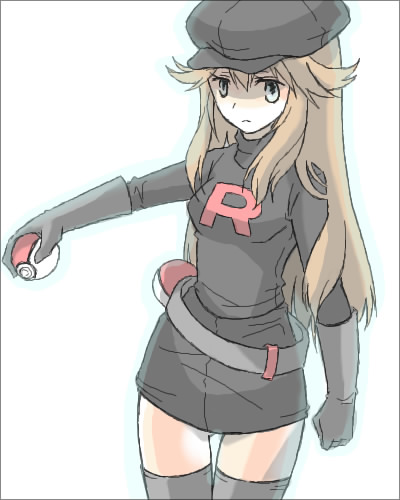 alternate_costume, belt, black_dress, black_legwear, black_thighhighs, blue_(pokemon), breasts, brown_hair, cabbie_hat, cowboy_shot, dress, grey_belt, hat, holding, holding_poke_ball, leaf_(pokemon), long_hair, lowres, miniskirt, natsu315, payot, poke_ball, pokemon, pokemon_special, serious, simple_background, single_letter, skirt, solo, team_rocket, team_rocket_(cosplay), thigh-highs, thighhighs, turtleneck, waist_poke_ball, white_background, zettai_ryouiki