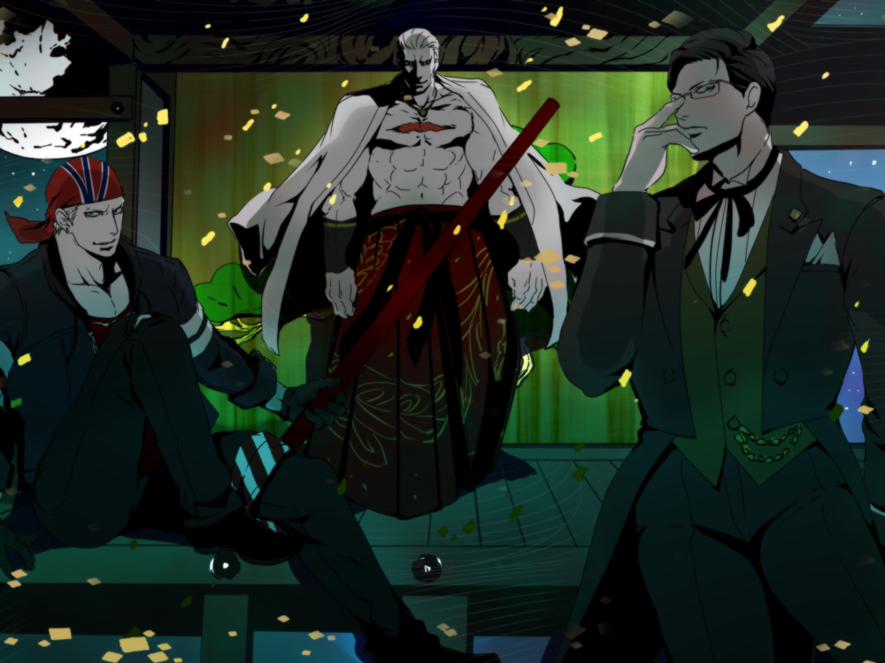 3boys, abs, bandana, billy_kane, black_hair, blonde_hair, earrings, formal