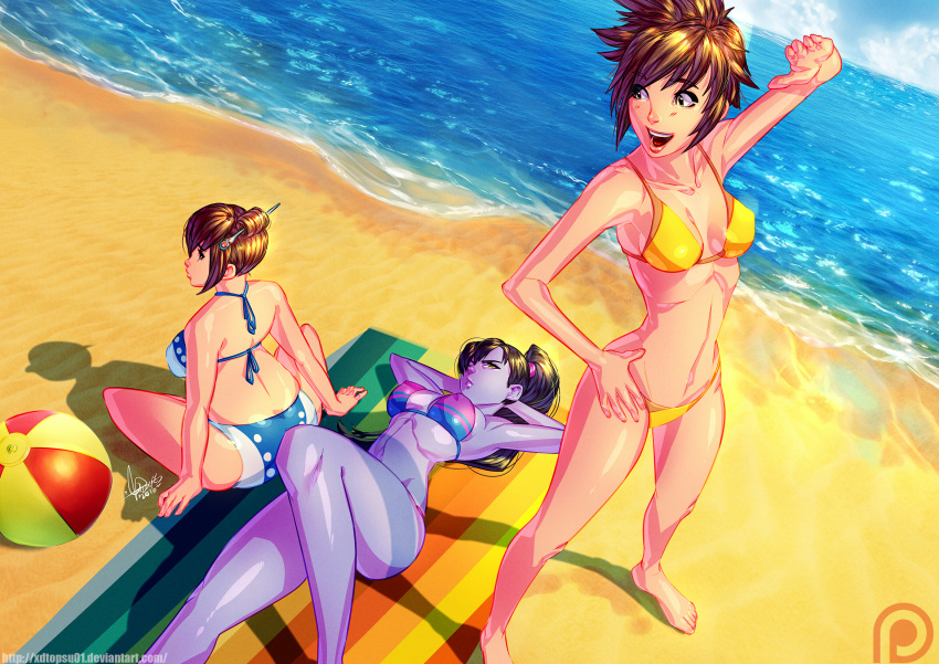 3girls, arms_at_sides, arms_behind_head, ball, bangs, bare_shoulders, beach, beach_towel