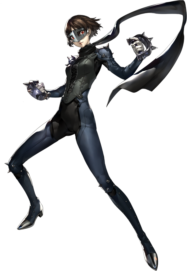 1girl, atlus, black_hair, bodysuit, full_body, looking_at_viewer, mask, niishima_makoto