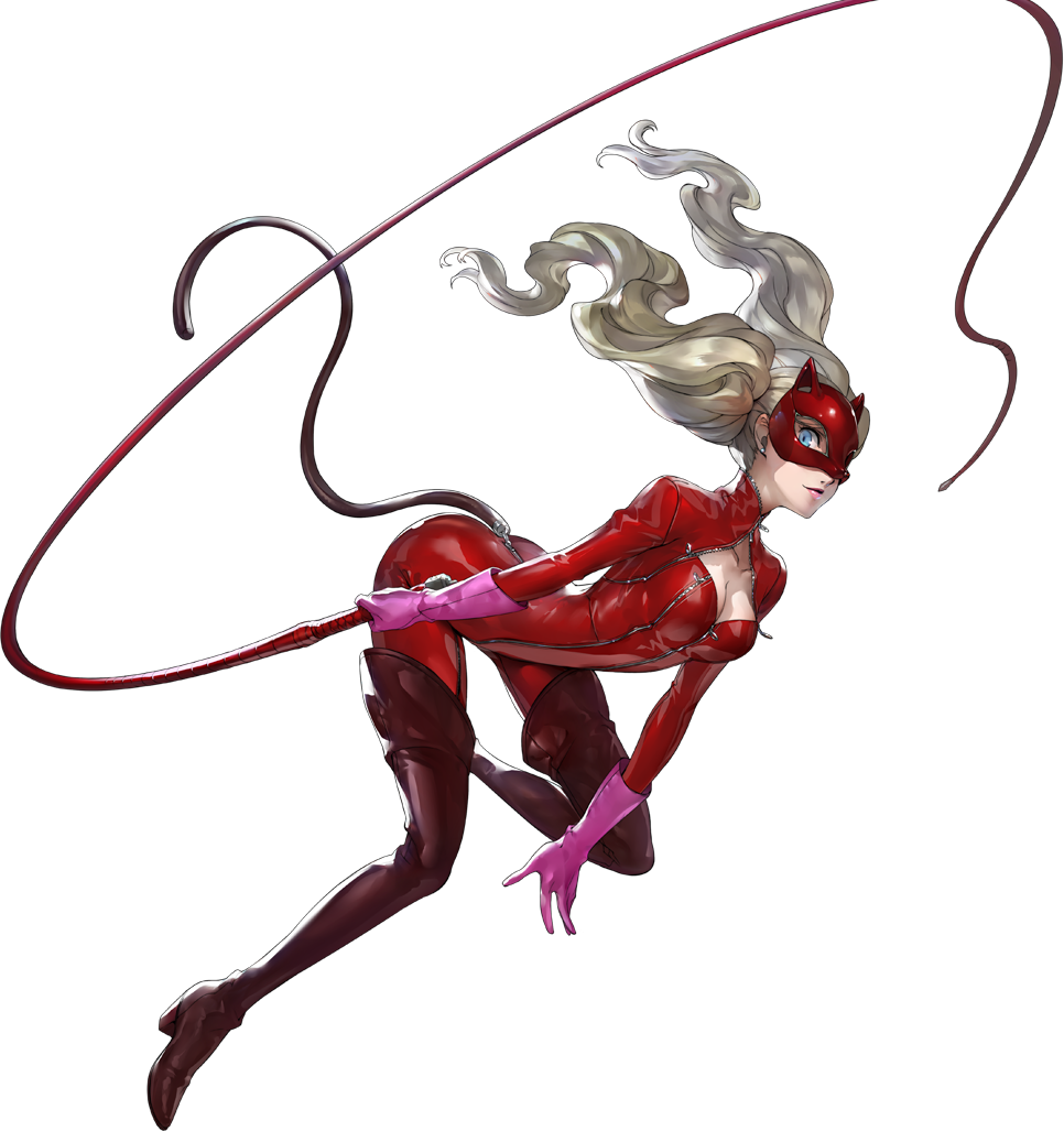 1girl, atlus, blonde_hair, blue_eyes, bodysuit, boots, breasts, cat_mask