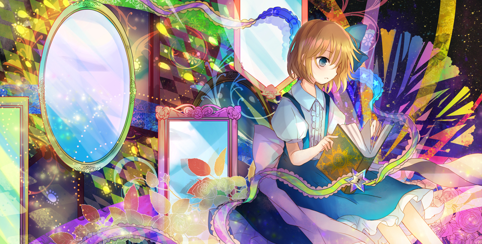 1girl, alice_margatroid, alice_margatroid_(pc-98), blonde_hair, blue_eyes, blue_skirt, book, bow