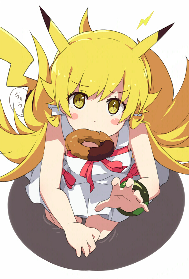1girl, bakemonogatari, blonde_hair, blush_stickers, choco_fashion, doughnut, dress, fang, food, long_hair, monogatari_(series), mouth_hold, ogipote, old-fashioned_doughnut, oshino_shinobu, pikachu_ears, pokemon, ripples, shadow, solo, translation_request, white_dress, yellow_eyes