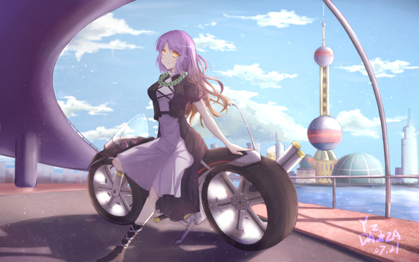 1girl, ankle_lace-up, artist_name, bead_necklace, black_legwear, blue_sky, breasts, brown_hair