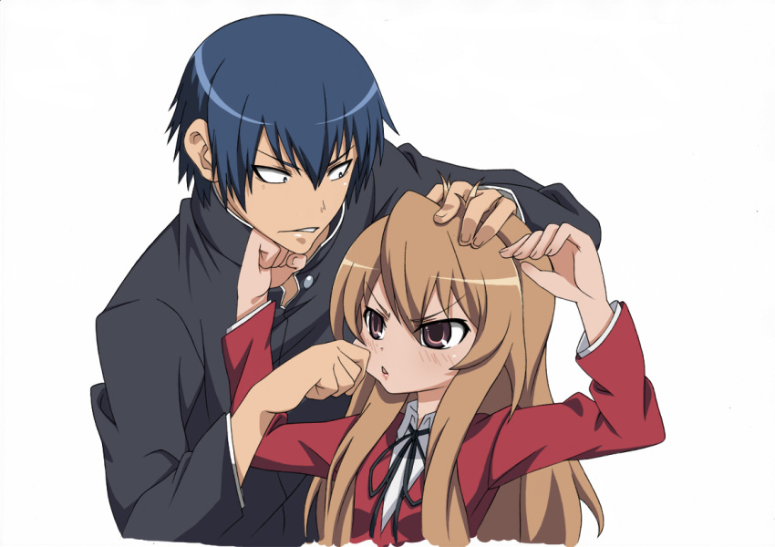1boy, 1girl, :<, aisaka_taiga, bad_id, bangs, blazer, blue_hair