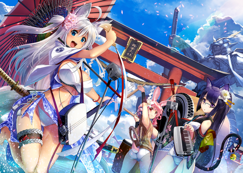 3girls, :d, :o, animal_ears, architecture, arm_up, armband, ass