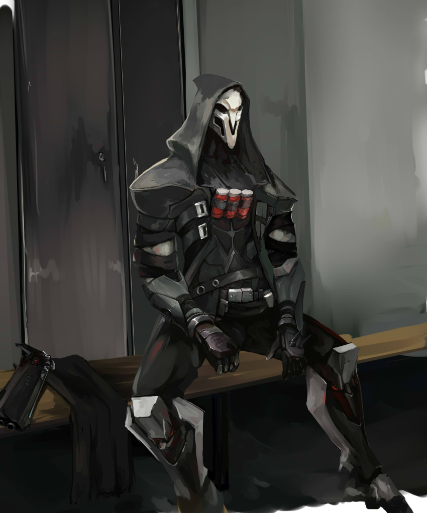 1boy, absurdres, ammunition_belt, arm_strap, armor, armored_boots, armored_dress, belt, black_clothes, black_gloves, black_jacket, black_pants, boots, buckle, claws, coat, gauntlets, gloves, greaves, gun, handgun, highres, hood, hooded_jacket, jacket, knee_boots, locker, locker_room, manatsu_no_yo_no_inmu, mark_wolff, mask, meme, overwatch, pants, parody, real_life, reaper_(overwatch), shotgun, shotgun_shells, sitting, skull_mask, solo, spiked_gauntlets, trench_coat, weapon