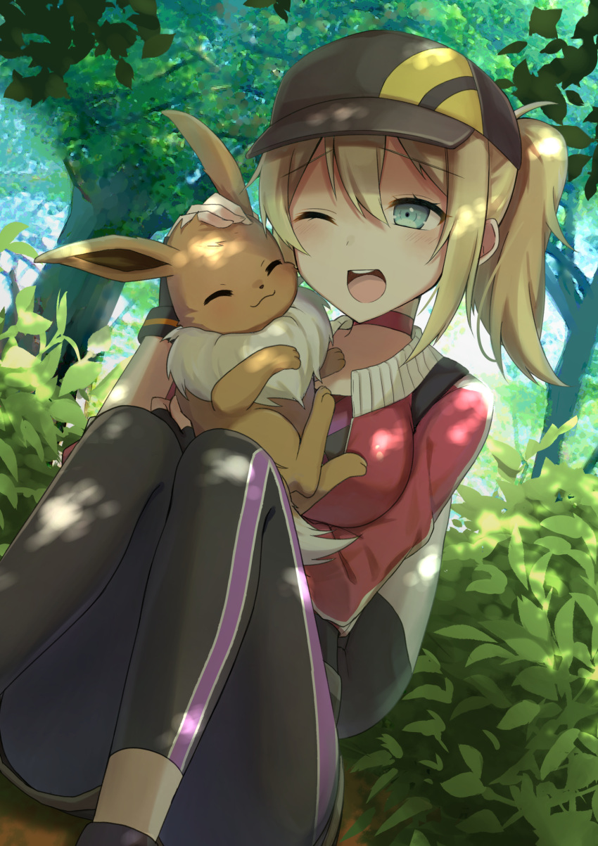 1girl, baseball_cap, blonde_hair, blush, breasts, dappled_sunlight, eevee, female_protagonist_(pokemon_go)