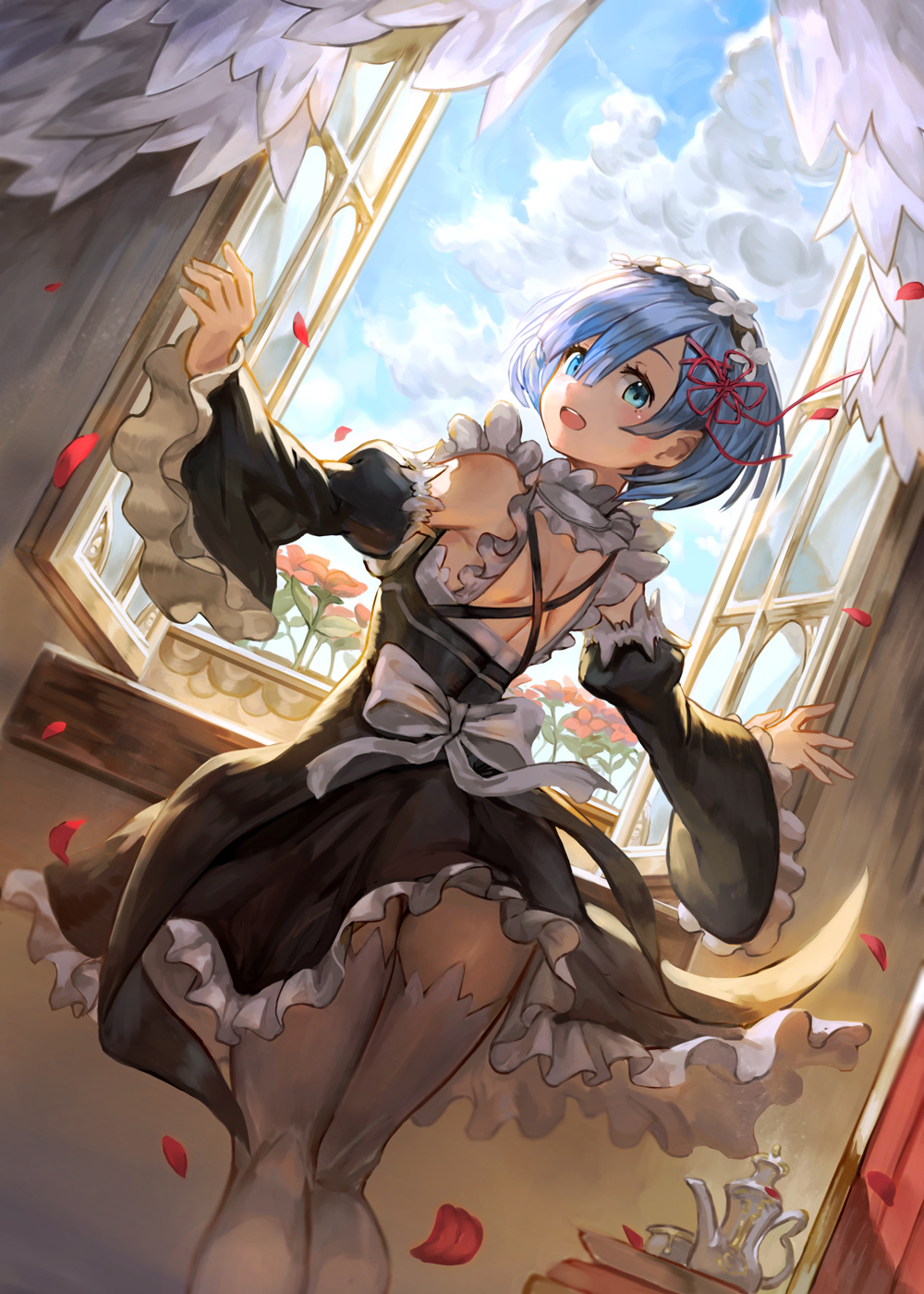 1girl, :d, back, blue_eyes, blue_hair, blush, bow, clouds
