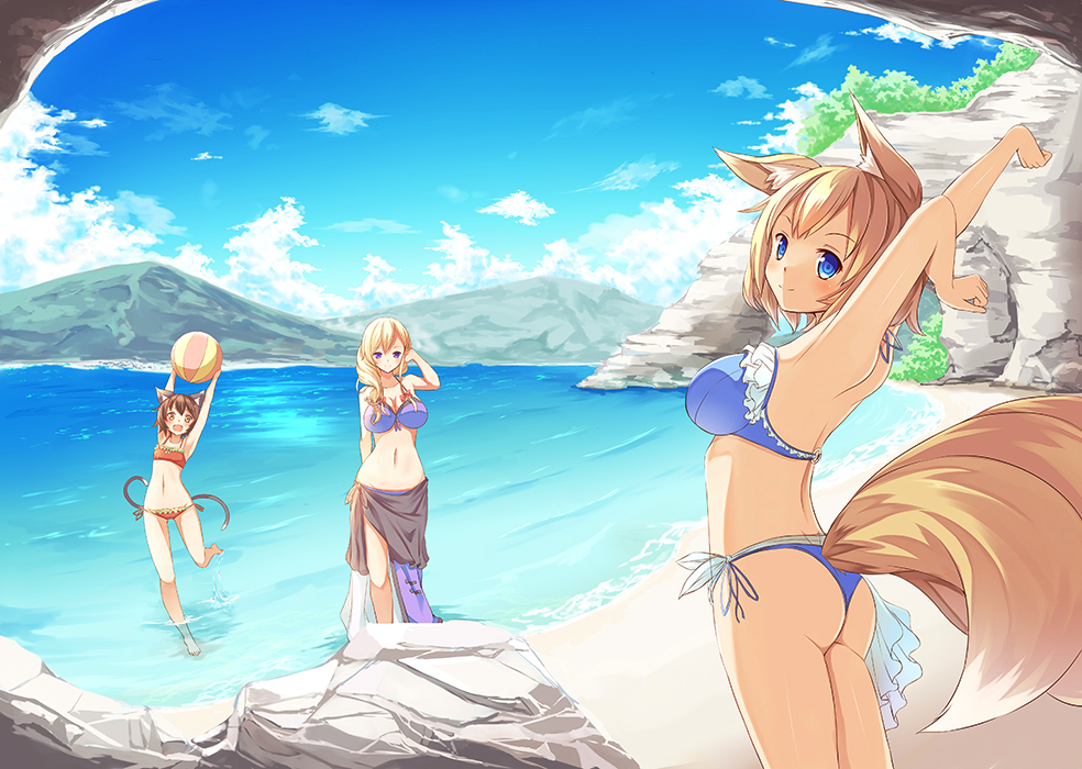 3girls, alternate_costume, alternate_hairstyle, animal_ears, arm_behind_back, ass, ball, beach