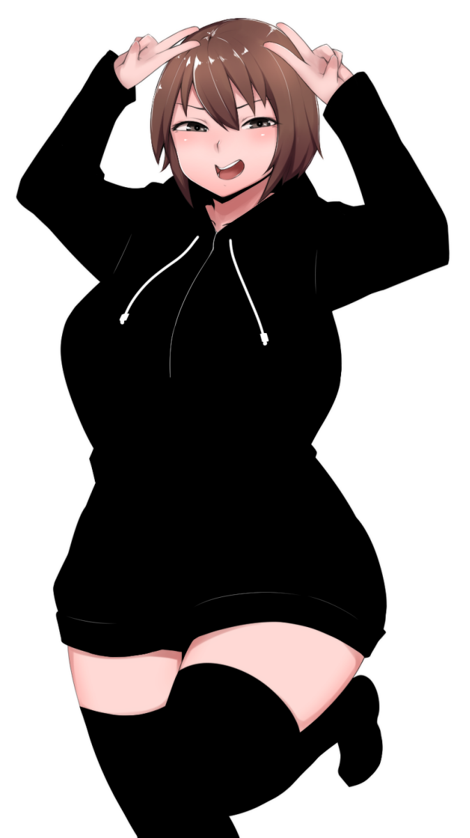 >:d, 1girl, :d, black_legwear, blush, breasts, brown_eyes, brown_hair