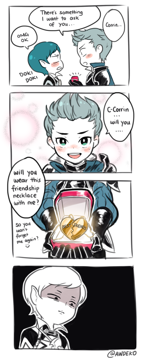2boys, 4koma, bangs, black_gloves, blush, blush_stickers, chancake, comic, cowlick, cyrus_(fire_emblem_if), fire_emblem, fire_emblem_if, friendship_charm, gloves, highres, jewelry, male_focus, mole, mole_under_eye, multiple_boys, my_unit_(fire_emblem_if), necklace, pendant, shaded_face, smile, swept_bangs, twitter_username, yaoi