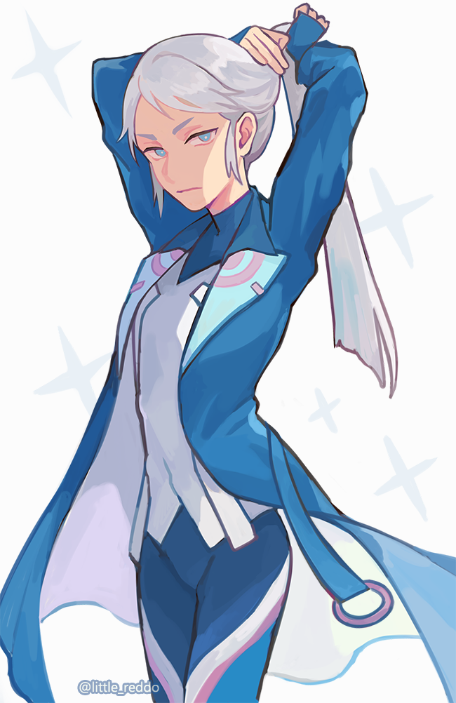 1girl, adjusting_hair, androgynous, arms_up, blanche_(pokemon), blue_eyes, coat, long_hair, looking_at_viewer, pokemon, pokemon_go, ponytail, red_(little_reddo), solo, tan_skin, turtleneck, twitter_username, tying_hair, white_hair