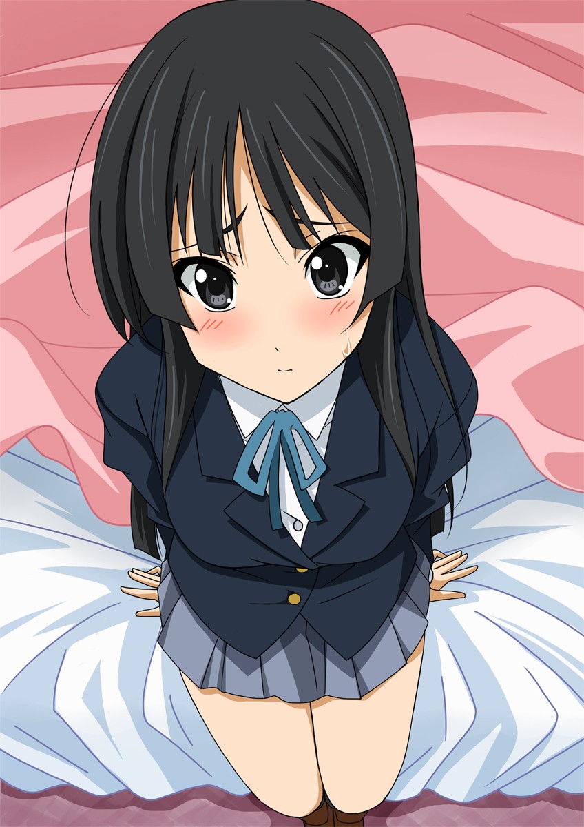 1girl, akiyama_mio, bed, black_eyes, black_hair, blazer, blush, from_above
