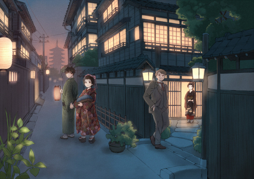 2boys, 2girls, architecture, batako, black_hair, blonde_hair, carrying, dusk