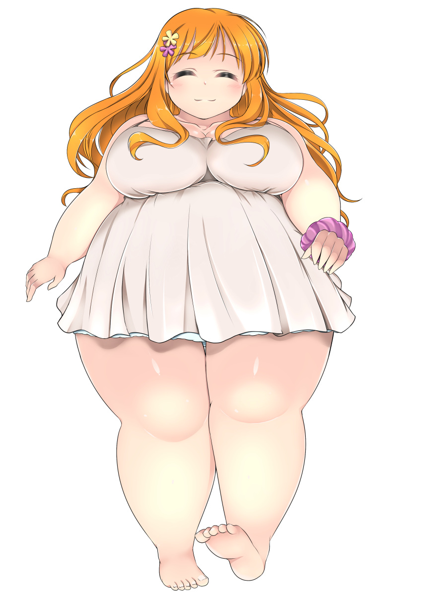 1girl, :3, ^_^, absurdres, barefoot, blush, breasts, brown_hair