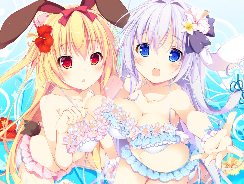 2girls, :o, animal_ears, bangs, beckoning, bikini, blonde_hair, blue_bikini