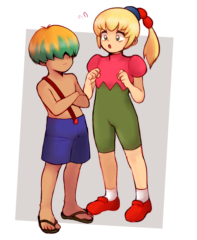 1boy, 1girl, barefoot_sandals, brother_and_sister, bun_(kirby), clenched_hands, crossed_arms, fumu_(kirby)