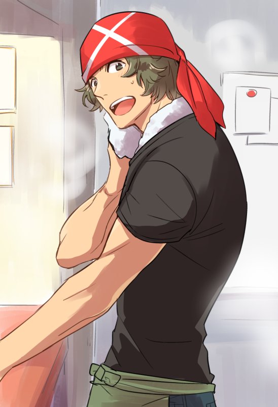 1boy, :d, apron, bandana, blush, brown_hair, curly_hair, enjouji_michiru