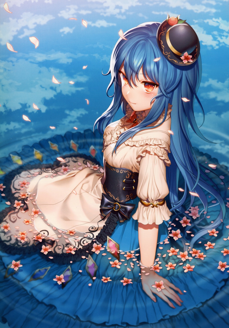 1girl, blue_hair, corset, flower, food, fruit, hat, highres