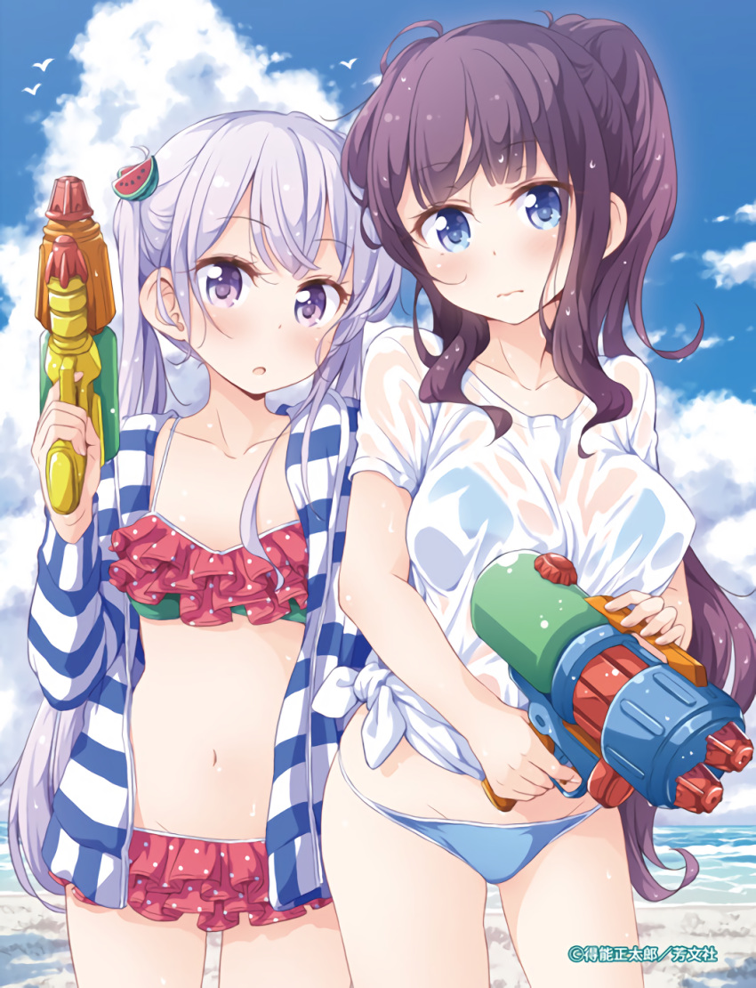 2girls, ball, beachball, bikini, blue_bikini, blue_eyes, blush, breasts